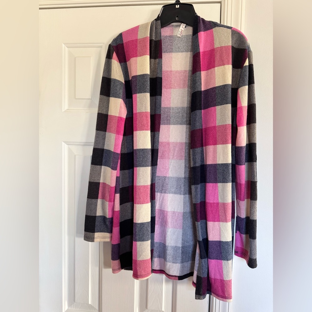 Red Lolly Chic Plaid Open-Front Cardigan with elbow patches NEW HOST PICK